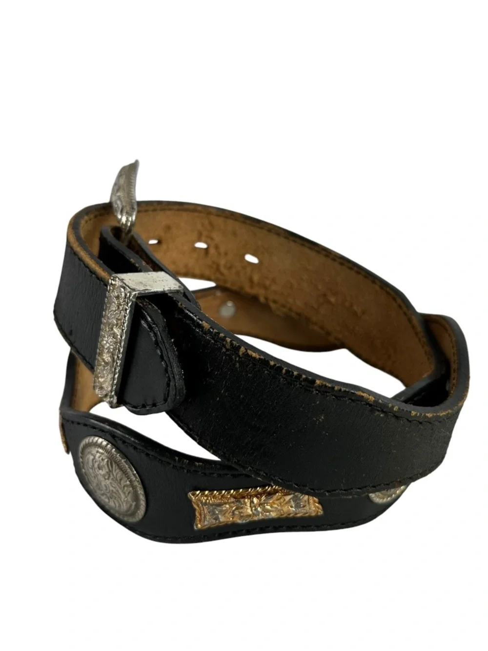 Vintage Black Leather Western Concho Belt Silver Engraved Buckle Boho Size 32
